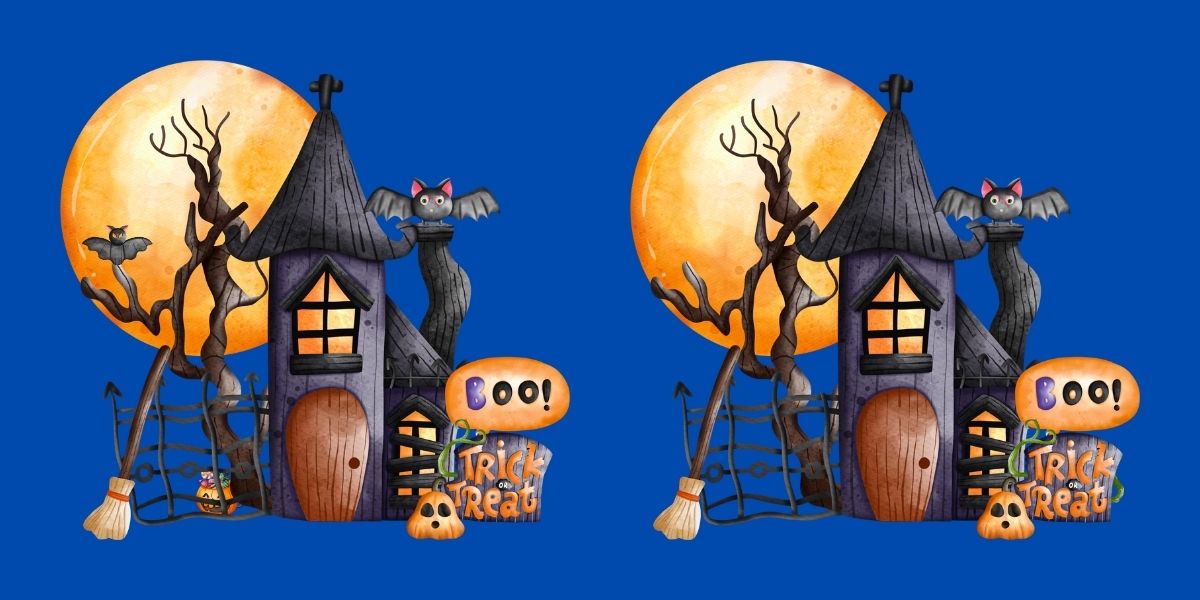 Can you uncover all 4 hidden differences between these two spooky Halloween house images in under 15 seconds?