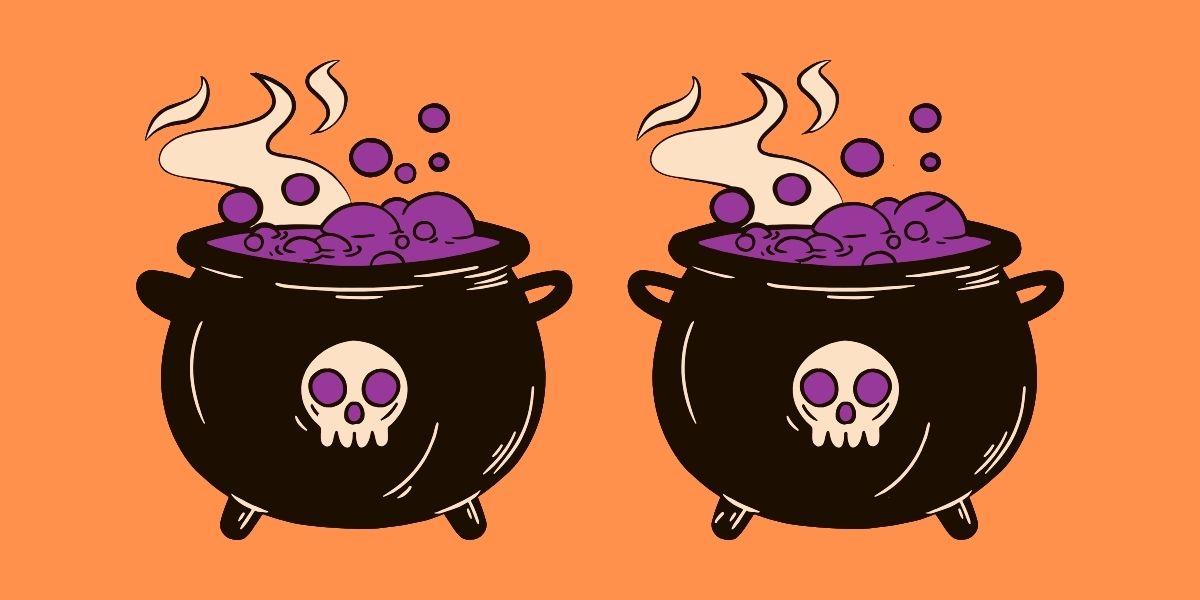 Spot the difference : Can you identify the 6 changes between these 2 Halloween witch pot images in less than 20 seconds?