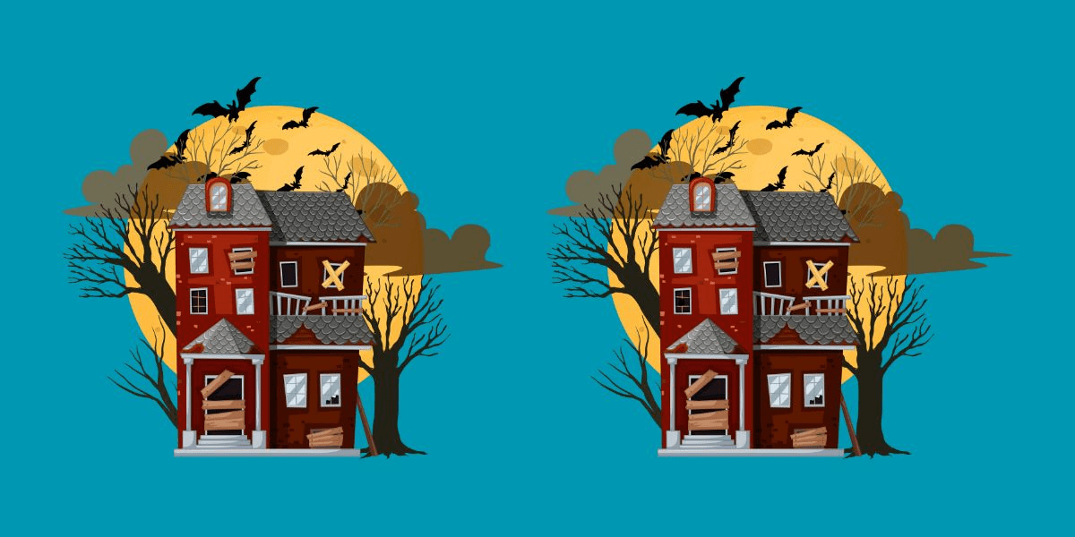 Kan du utmana dina observationsförmåga och hitta alla 5 skillnaderna mellan dessa två spöklika bilder av övergivna halloween hus på 20 sekunder?
