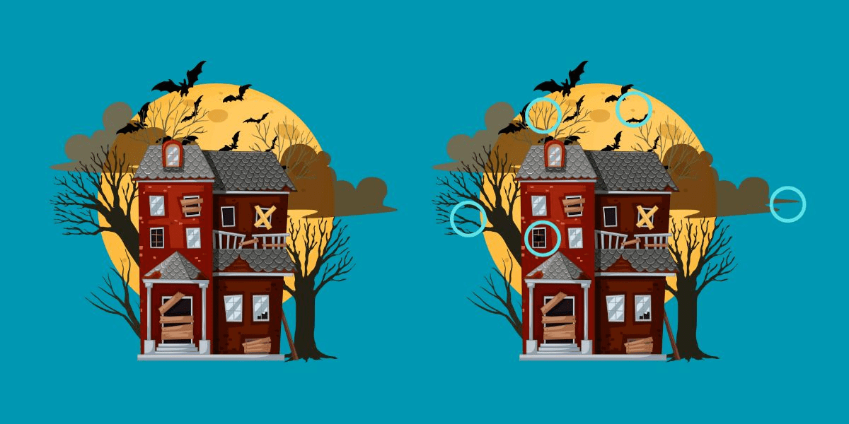 Can you challenge your observation skills and find all 5 differences between these two spooky Halloween abandoned house images in 20 seconds?