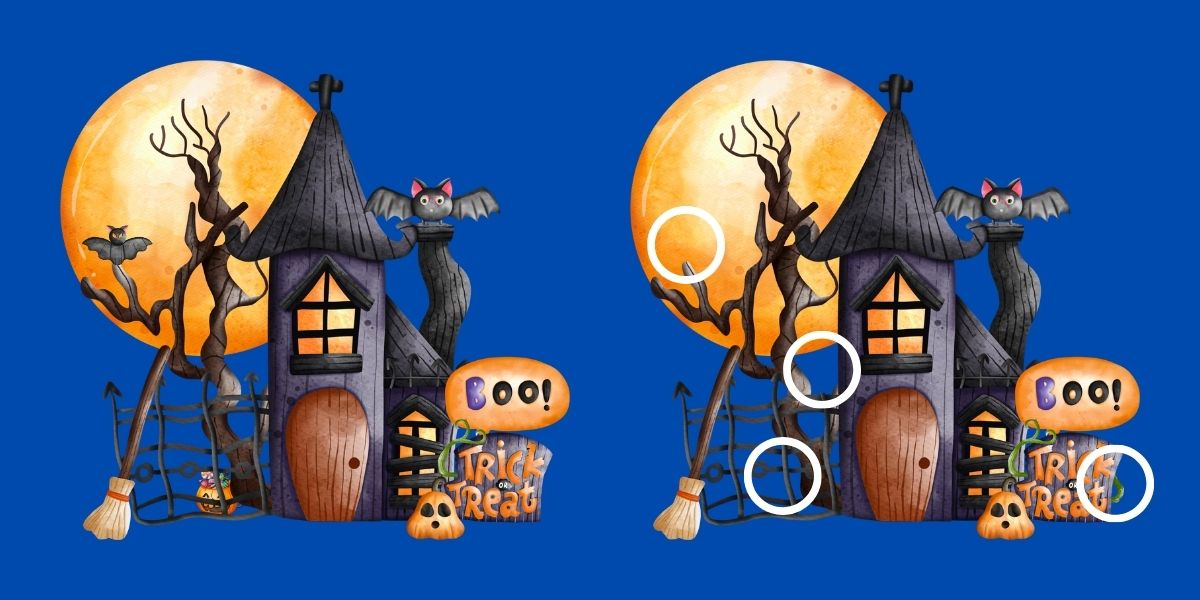 Can you uncover all 4 hidden differences between these two spooky Halloween house images in under 15 seconds?