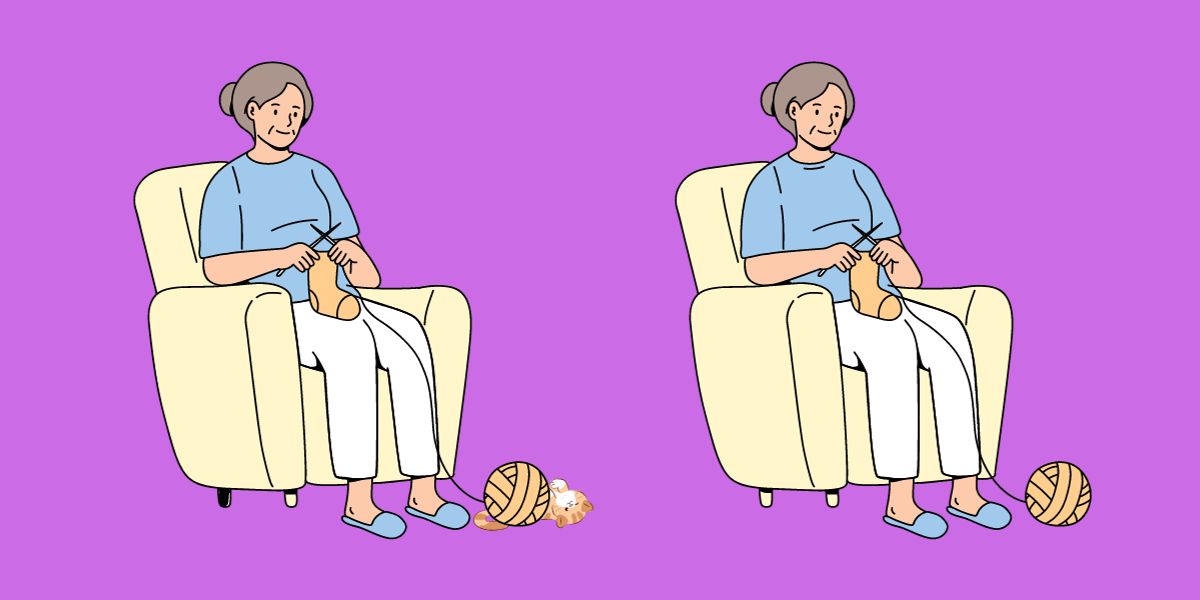 Can you rise to the challenge and spot 3 differences between these 2 images of a senior woman knitting in less than 15 seconds?