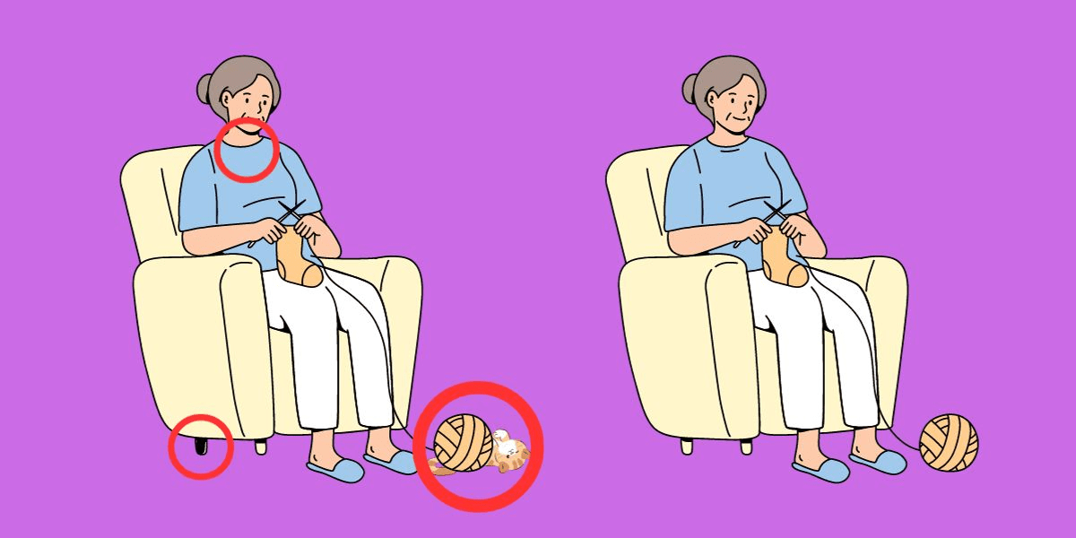 Você consegue enfrentar o desafio e identificar três diferenças entre essas duas imagens de uma mulher idosa tricotando em menos de 15 segundos?