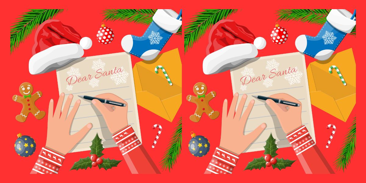 Engage in a festive challenge with two delightful images of a child's hand penning a letter to Santa Claus - Can you find all four differences in less than 20 seconds?