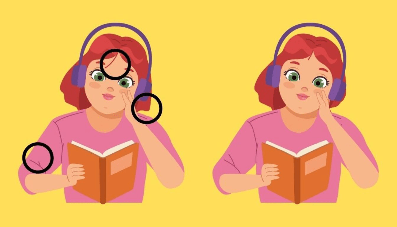 Can you find the 3 differences in 15 seconds between the images of the girl listening to music and reading a book?