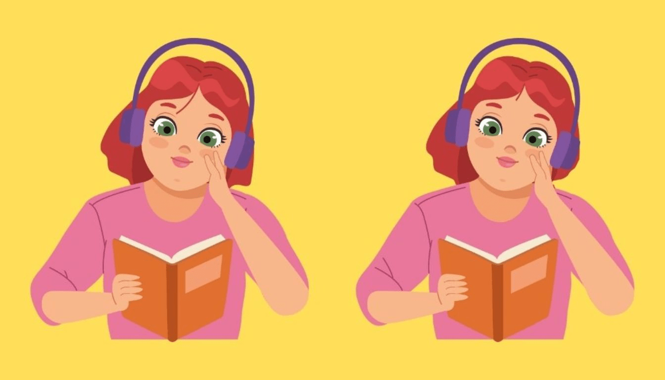 Can you find the 3 differences in 15 seconds between the images of the girl listening to music and reading a book?