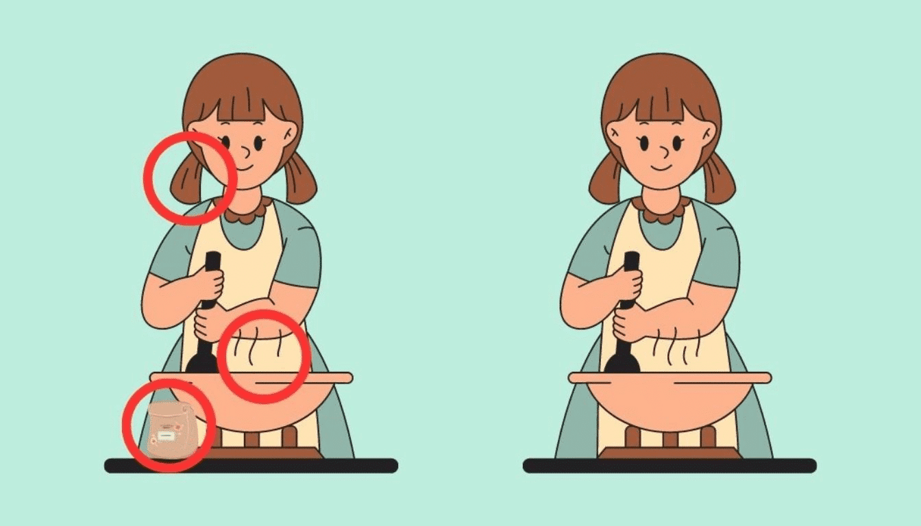 Visual challenge: can you spot the 3 differences while a woman prepares a dessert? Only 15 seconds for the true masters of detail!